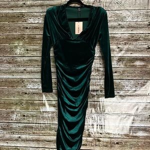 Shein Bae Green Velvet Velour Low Cut Neck Dress Size medium NWT